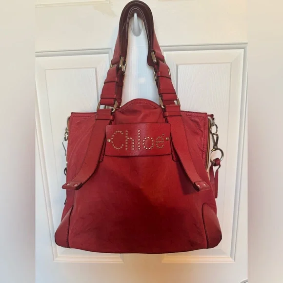 Chloe Patsy Leather Studded Logo Red Tote COA - Picture 1 of 16
